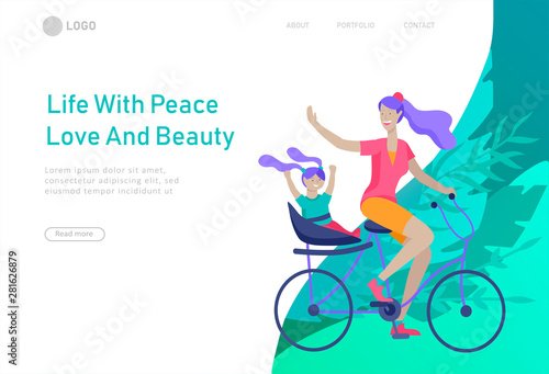 Landing page template with people riding bicycles, woman waving his hand, mother riding bicycles with child. People cycling outdoor activities concept at park, healty life style. Cartoon illustration