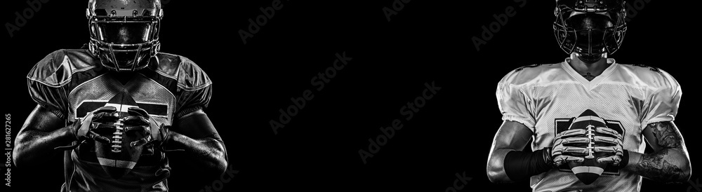 American football player, sportsman in helmet on dark background. Black and  white photo. Sport wallpaper. Stock Photo | Adobe Stock