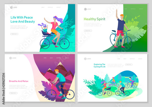 Landing page template with people riding bicycles, man waving his hand, mother riding bicycles with child. People cycling outdoor activities concept at park, healty life style. Cartoon illustration