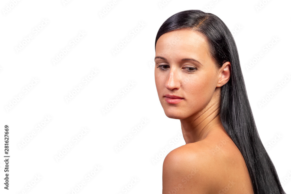 Closeup portrait of a young beautiful brunette girl without makeup isolated on white background Closeup portrait of a young beautiful brunette girl without makeup isolated on white background