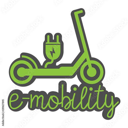 electric push scooter e-scooter symbol with plug and text e-mobility vector illustration