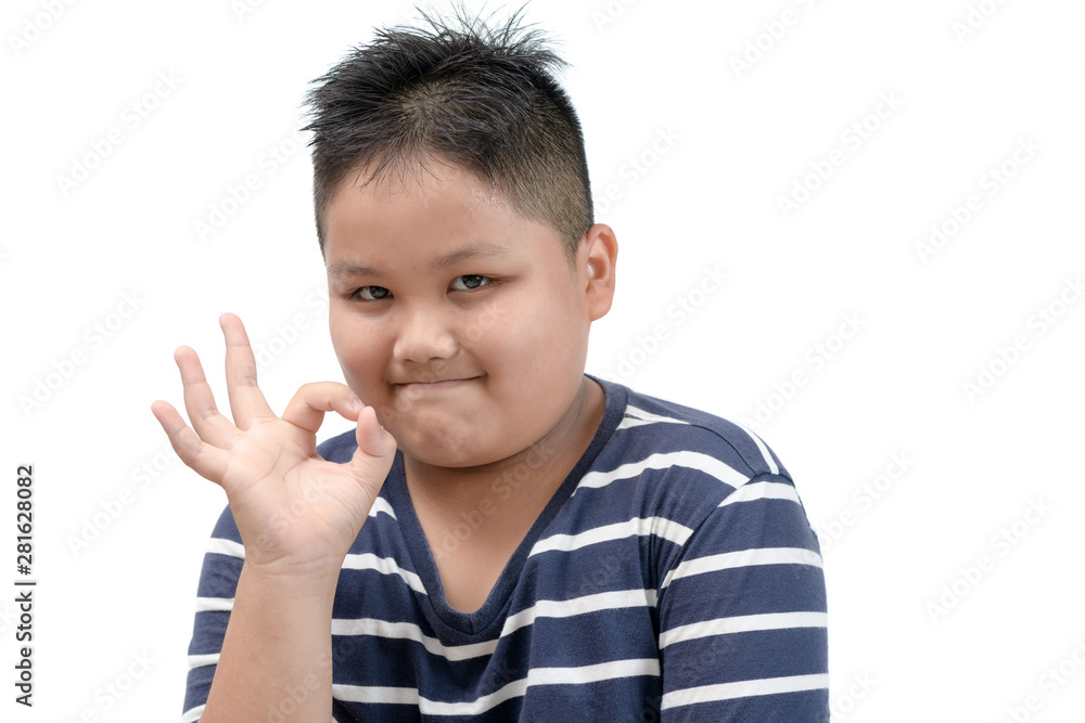 Obese fat boy showing OK sign isolated Obese fat boy showing OK sign isolated