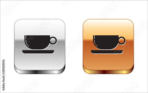 Black Coffee cup flat icon isolated on white background. Tea cup. Hot drink coffee. Silver-gold square button. Vector Illustration
