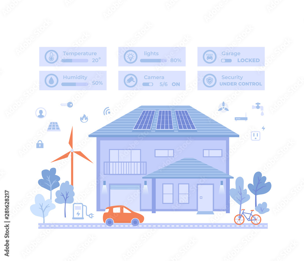 Smart Modern Eco House with central technology control system. Infographic automation concept. Security, thermostat and lighting electricity controls. Vector illustration on white background.