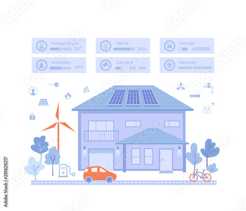 Smart Modern Eco House with central technology control system. Infographic automation concept. Security, thermostat and lighting electricity controls. Vector illustration on white background.