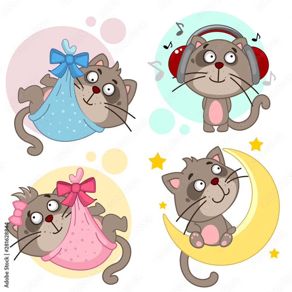 Obraz premium Set of icons with cats. Newborn kittens a boy and a girl in diapers, a cat in headphones listening to music, sitting on a month.