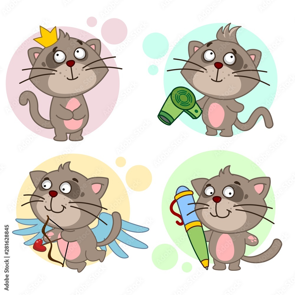 Set of drawings with cats. A cat in the form of an angel of cupid with arrows, with a crown on his head the king, with a hairdryer dries his hair, writes with a pen. Set of drawings with cats. A cat in the form of an angel of cupid with arrows, with a crown on his head the king, with a hairdryer dries his hair, writes with a pen.