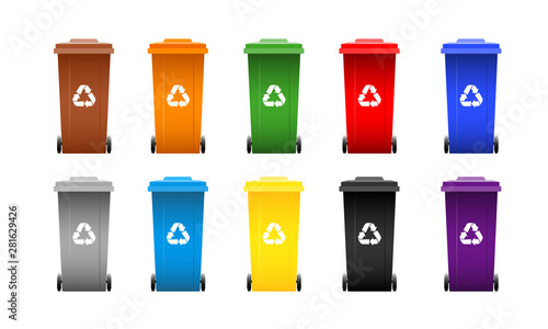 Set of colorful separation waste bins with recycle signs. Collection of cans isolated on white background. Vector illustration.