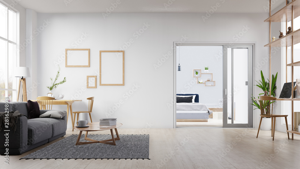 Fototapeta premium Interior poster mock up living room with colorful white sofa . 3D rendering.