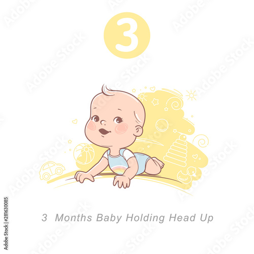 Little baby of 3 month.  Physical, emotional development milestones in first year.  Cute little baby boy or girl  in diaper hold head. First year. Infographics  with text. Vector illustration.