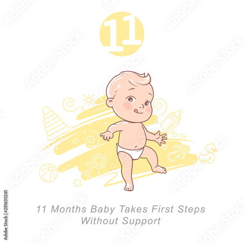 Little baby of 11 months.  Physical, emotional development milestones in first year.  Cute little baby boy or girl  in diaper standing. First steps.. Infographics  with text. Vector illustration.