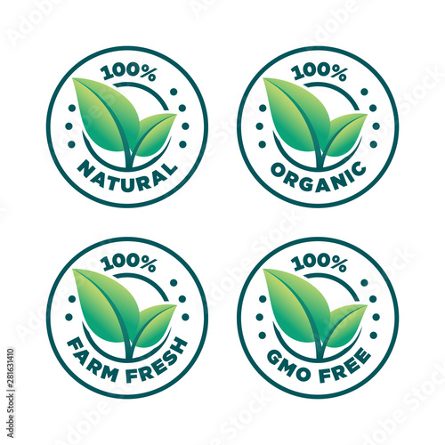 100% natural, organic, farm fresh, gmo free icon set