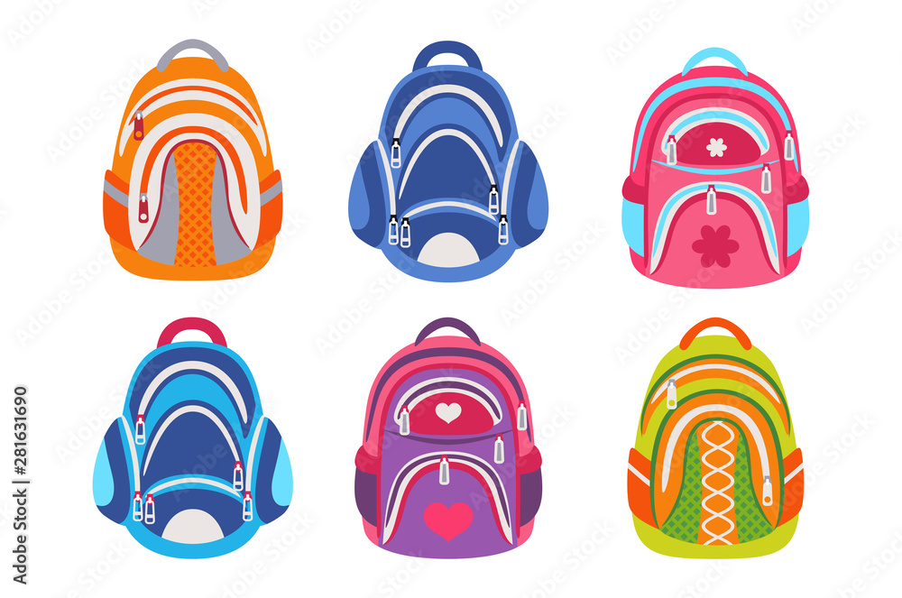 Set of school bags isolated on white background. Vector bright illustration of backpacks in a flat style.