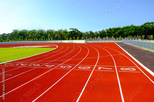 Running track at the stadium, color is orange brick,High resolution