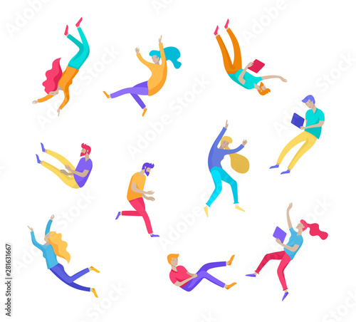 Inspired People flying in space and interacting with gadgets and papers. Characters set moving and floating in dreams, imagination and inspiration. Flat design style, vector illustration.