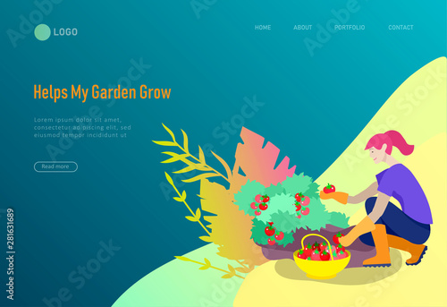 landing page template Harvesting and gardening people, woman and man doing farming and garden job, planting, lay ripe vegetables to box. Reaping crop concept