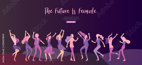 Web design template with Happy Woman dansing, for beauty, dreams motivation, International Womens Day, feminism concept, girls power and woman rights, vector illustration for website