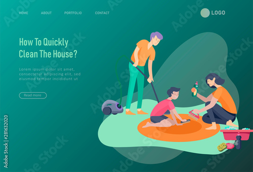 landing page template people home cleaning, washing dishes, fold clothes, cleaning window, carpet and floor, wipe dust, water flower. Vector illustration cartoon style