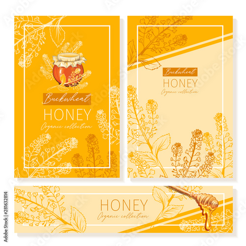 Buckwheat Honey Print Template. Yellow and Orange Banners for Thanksgiving Holiday or Packaging Brand Identity. Vector Illustration