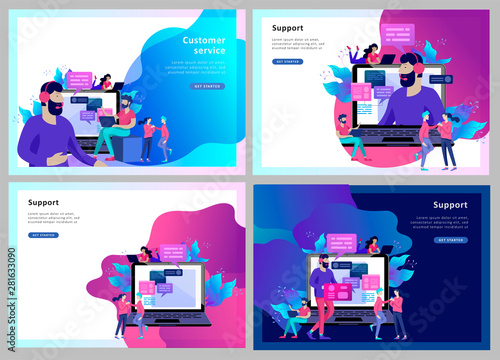 Concept Landing page template customer service, male hotline operator advises client, online global technical support, customer and operator