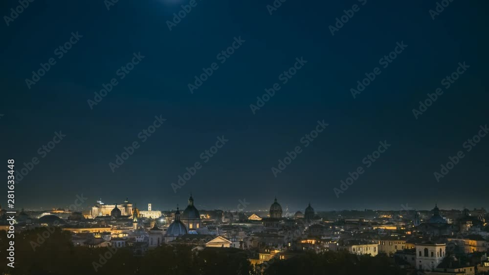Rome, Italy. Transiton Evening To Night Timelapse. Moonrise Above Rome Skyline, Cityscape With Famous Landmarks Rome, Italy. Transiton Evening To Night Timelapse. Moonrise Above Rome Skyline, Cityscape With Famous Landmarks