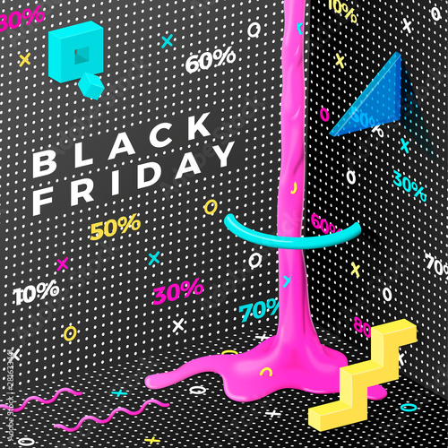 Vector dark abstract black friday memphis style banner with radiant liquid and geometric shapes. For Special Offer's etc.