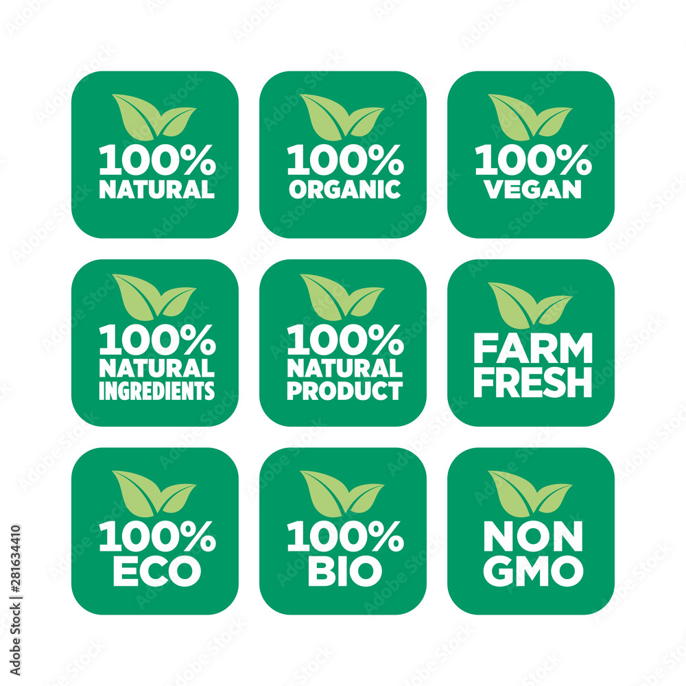 100% natural, organic, vegan, natural ingredients, natural product, farm fresh, eco,   bio, gmo free icon set