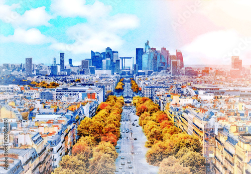 Beautiful Digital Watercolor Painting of Avenue Champs Elysees in Paris, France with La Defense Financial District in the background.