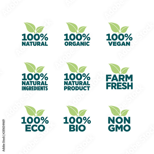 100% natural, organic, vegan, natural ingredients, natural product, farm fresh, eco,   bio, gmo free icon set
