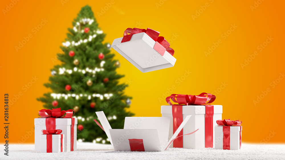 gifts for Christmas with opened christmas present and fir tree and snow front of intense colors background 3d-illustration
