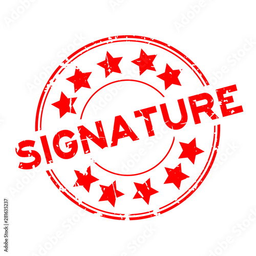 Grunge red signature word with star icon round rubber seal stamp on white background