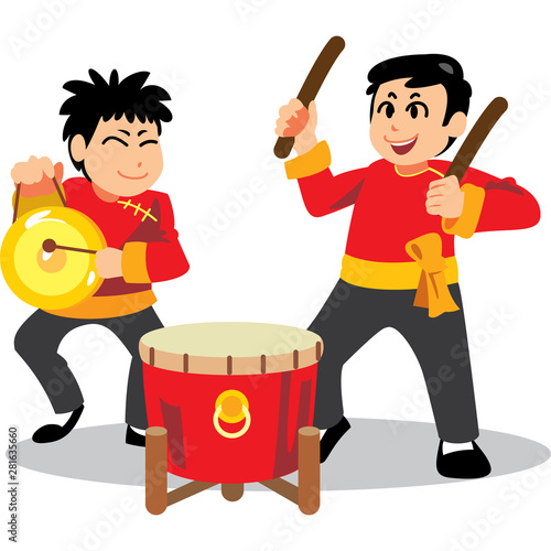 Chinese New Year Lion Dance on white background, happy band in china traditional costume, cartoon style vector illustration