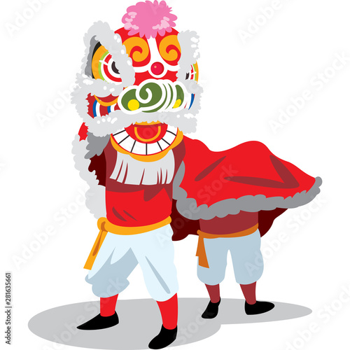Chinese New Year Lion Dance on white background, happy band in china traditional costume, cartoon style vector illustration