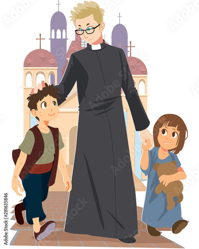  vector of priest walking with children on floor outside church background.
