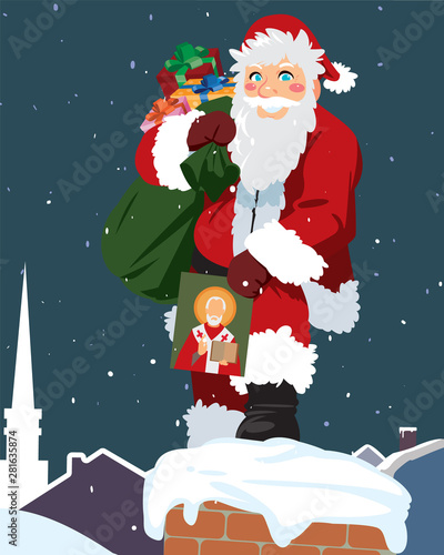 Full body of a Santa Claus posing with a bag full of gifts. photo