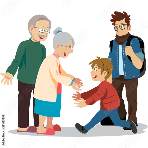 happiness kid meeting their grandparents. Happy family visiting. Flat cartoon vector.