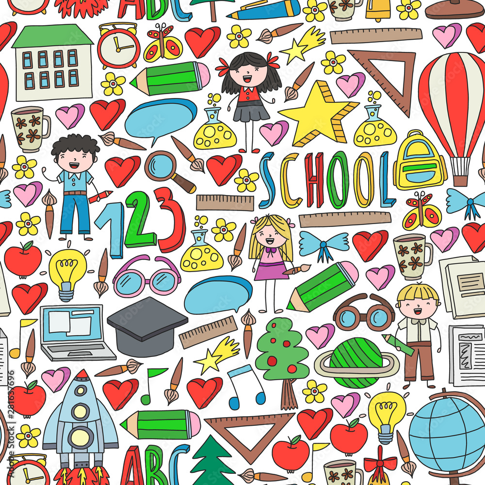 Fototapeta premium Seamless vector set of Back to School icons in doodle style. Painted, colorful, pictures on a piece of paper on white background.