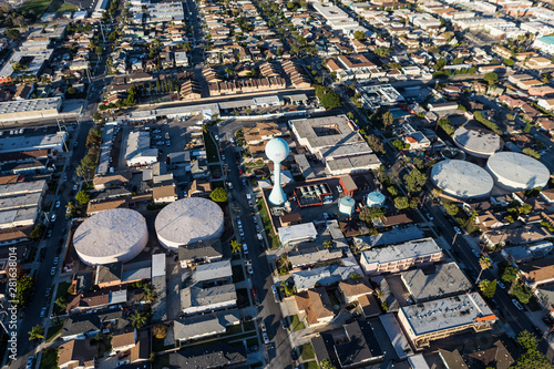 Aerial of view of homes, streets and watertower in the Hawthorne neighborhood of Los Angeles County, California. photo
