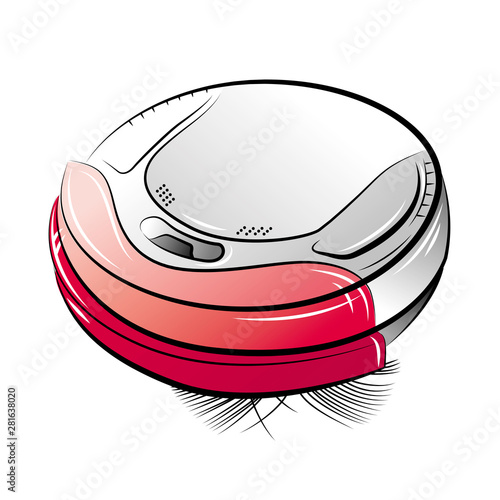 Drawing of the red robotic vacuum cleaner. Vector illustration