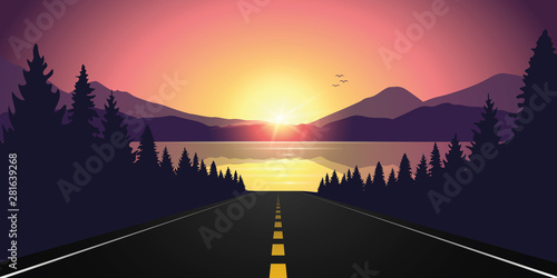 road to the lake in the forest at sunrise with mountain landscape vector illustration EPS10