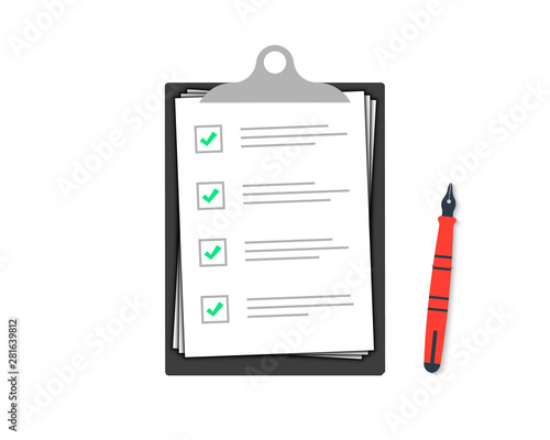 Clipboard with check marks and pen. Checklist with a pen.Checklist sign