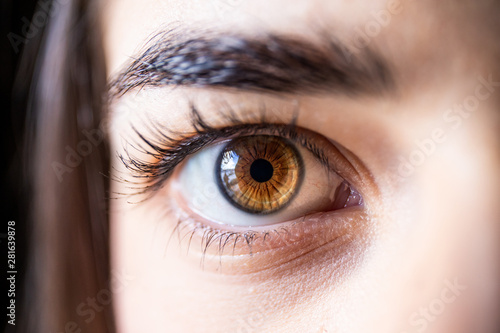 Healthy and colorful close up of young healthy human eye (macro photography) black iris and brown / green colors. 