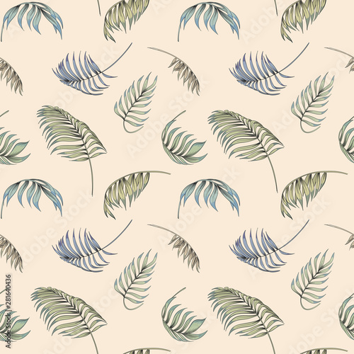 Flying palm leaves. Vector seamless pattern.