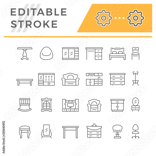 Set editable stroke line icons of furniture