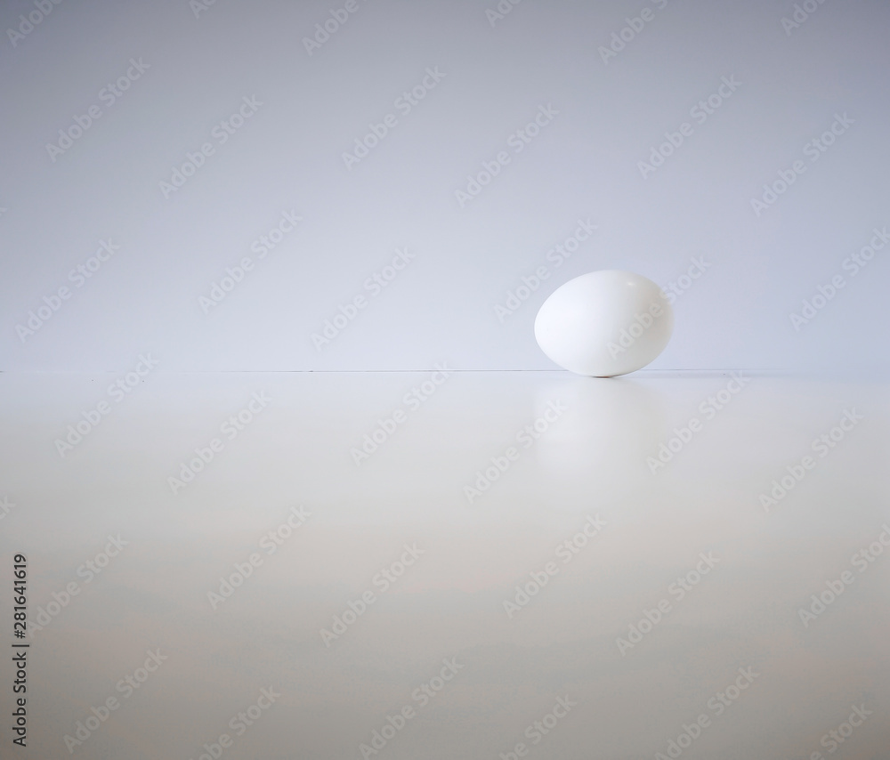 One white chicken egg lies on a white wood table One white chicken egg lies on a white wood table