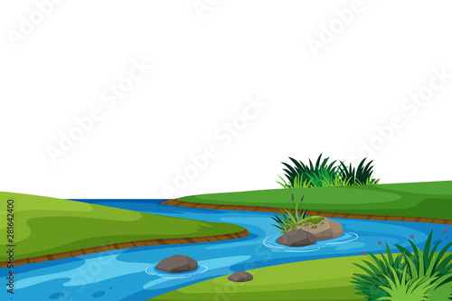 Landscape background with river and green field
