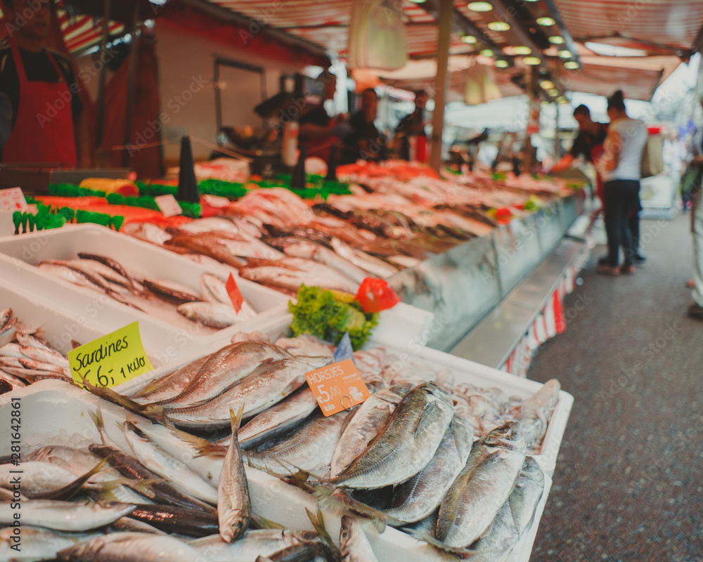 Fresh fish on fishmongers stall at the street market in Amsterdam