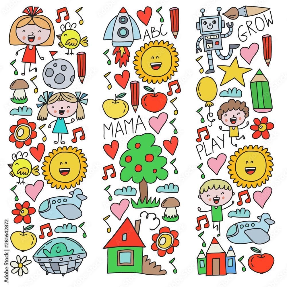 Time to adventure. Imagination creativity small children play nursery kindergarten preschool school kids drawing doodle icons pattern, play, study, learn with happy boys and girls Let's explore space.