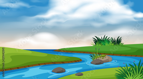 Fototapeta Naklejka Na Ścianę i Meble -  Landscape background design of river and blue sky