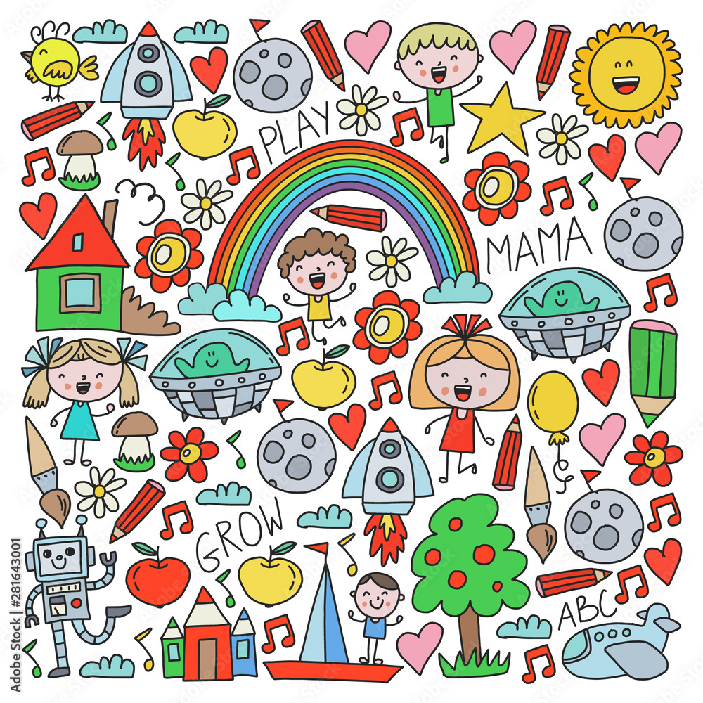 Time to adventure. Imagination creativity small children play nursery kindergarten preschool school kids drawing doodle icons pattern, play, study, learn with happy boys and girls Let's explore space.